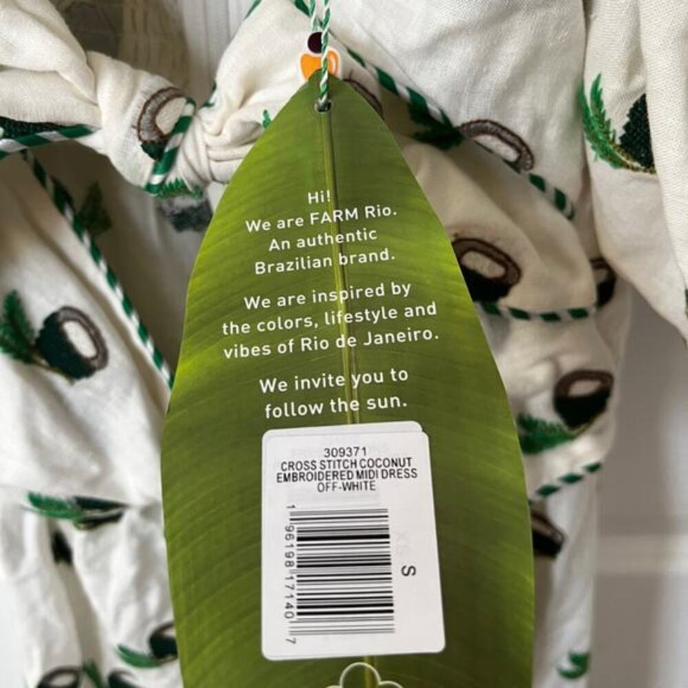 FARM RIO Cross Stitch Coconut‎ Embroidered Midi Dress linen NWT small - Picture 12 of 14